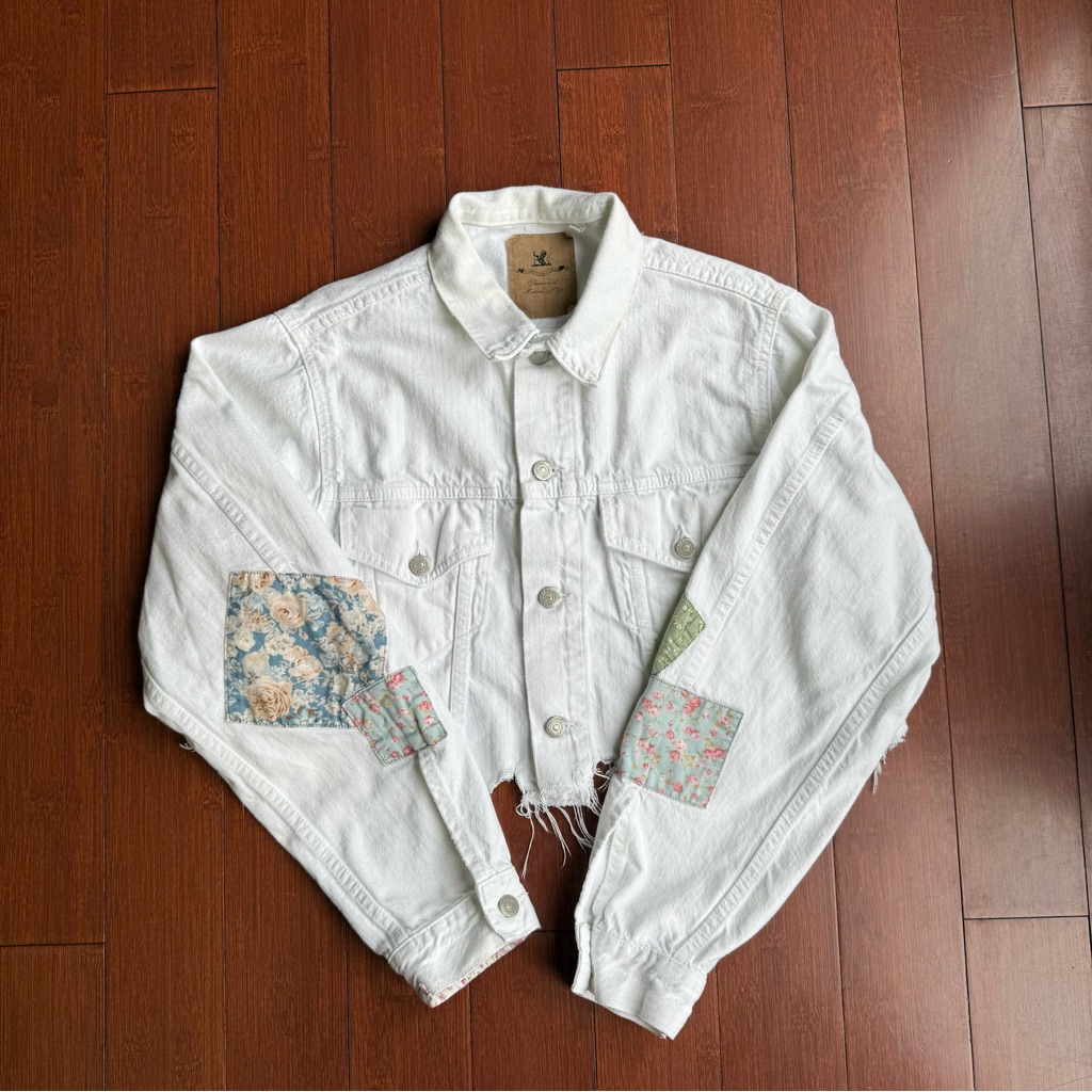 White Denim Jacket With Floral Patches